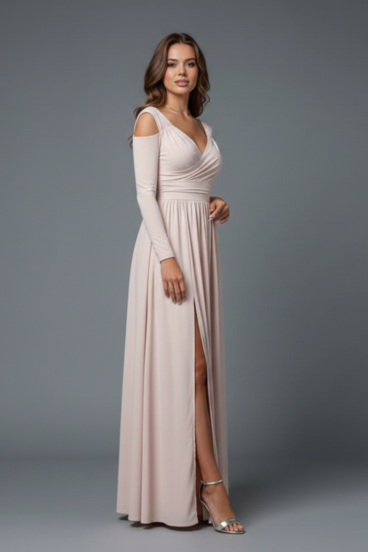 Philomena | Maxi-jurk voor dames – V-hals, lange mouwen, zijsplit en soepel vallend silhouet