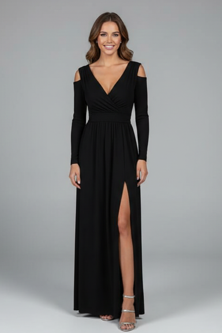 Philomena | Maxi-jurk voor dames – V-hals, lange mouwen, zijsplit en soepel vallend silhouet