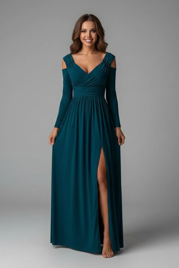 Philomena | Maxi-jurk voor dames – V-hals, lange mouwen, zijsplit en soepel vallend silhouet