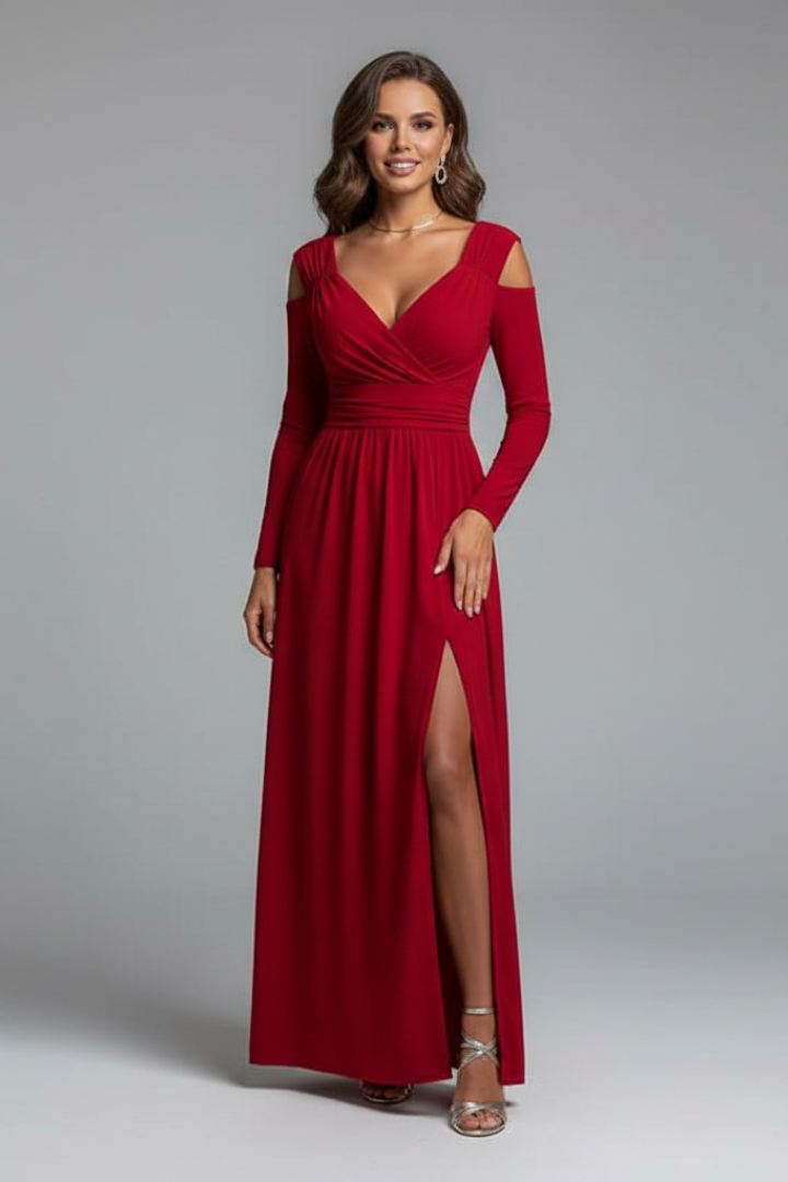 Philomena | Maxi-jurk voor dames – V-hals, lange mouwen, zijsplit en soepel vallend silhouet