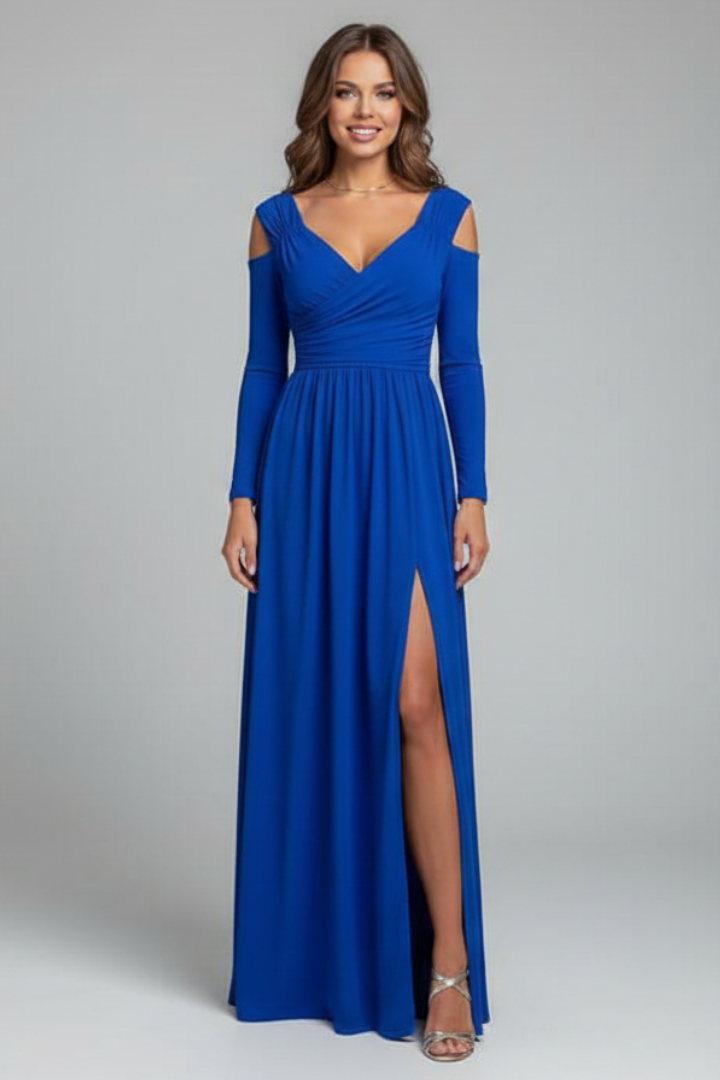 Philomena | Maxi-jurk voor dames – V-hals, lange mouwen, zijsplit en soepel vallend silhouet