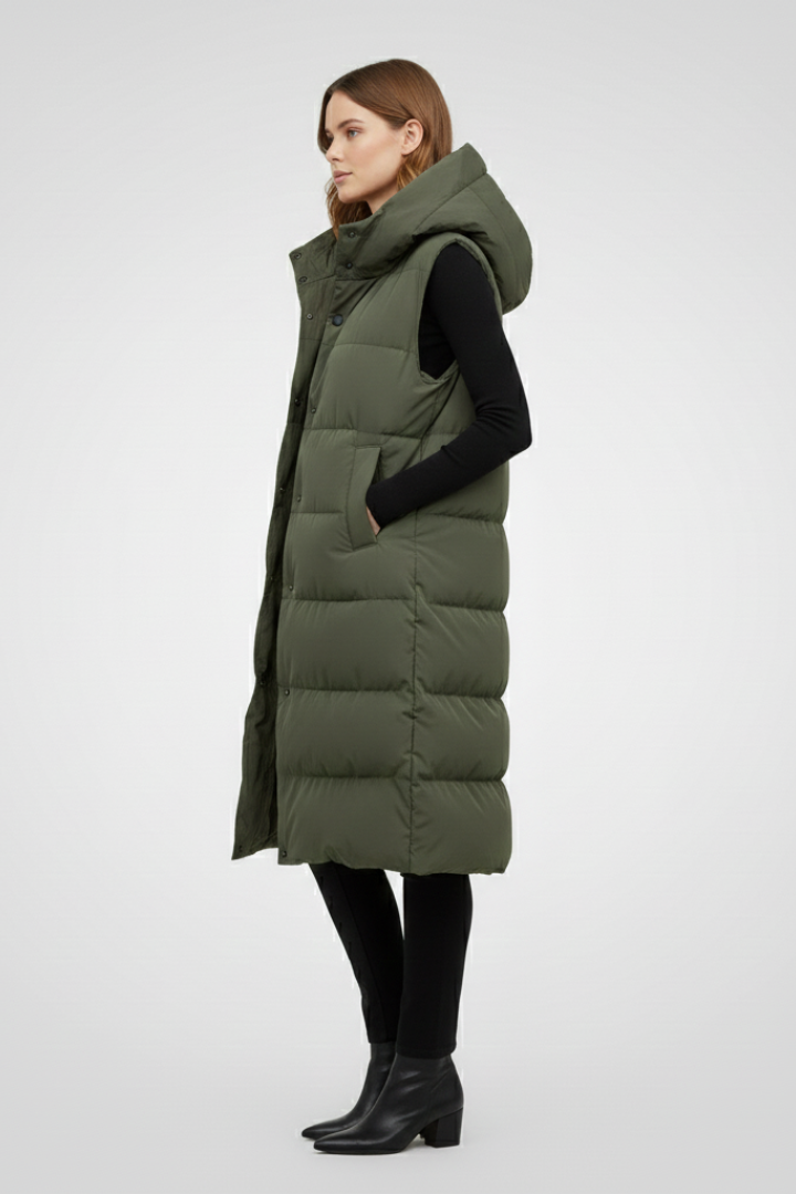 Amity | Lang damesvest met capuchon – Gewatteerd vest