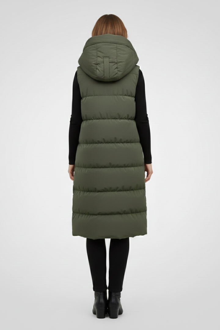 Amity | Lang damesvest met capuchon – Gewatteerd vest
