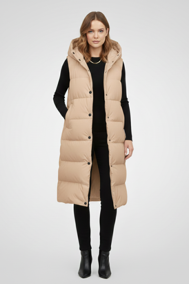 Amity | Lang damesvest met capuchon – Gewatteerd vest