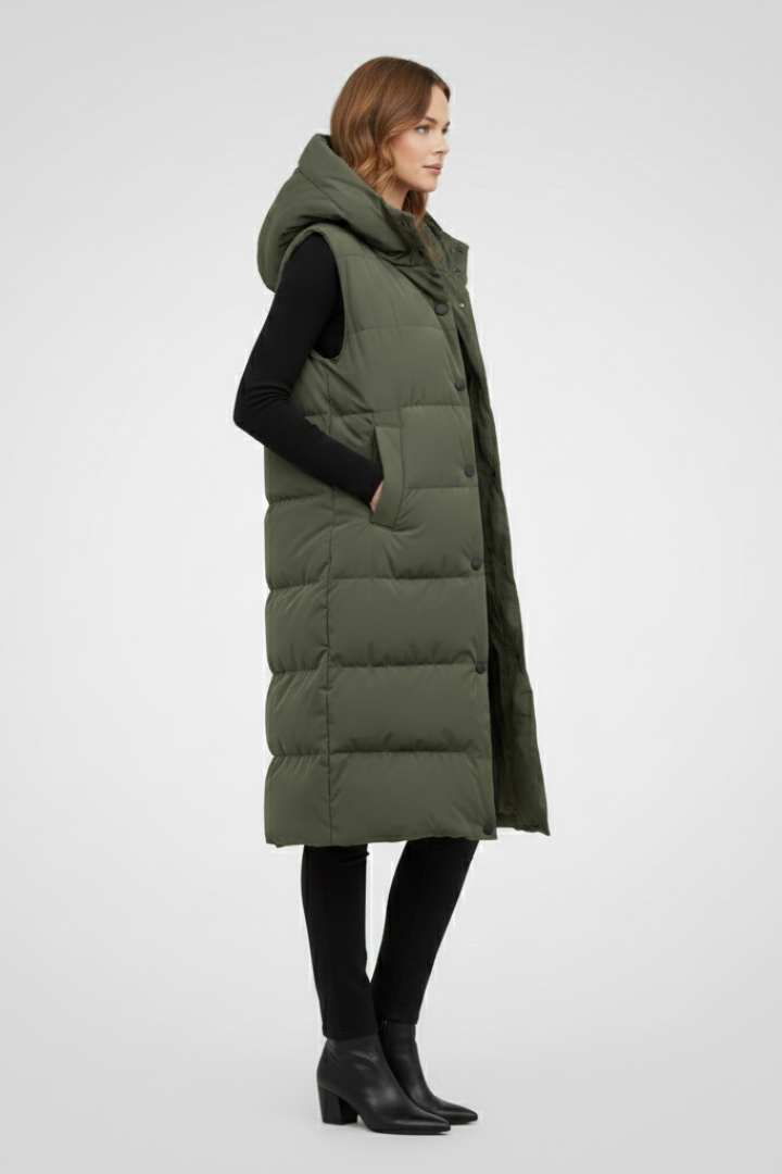 Amity | Lang damesvest met capuchon – Gewatteerd vest