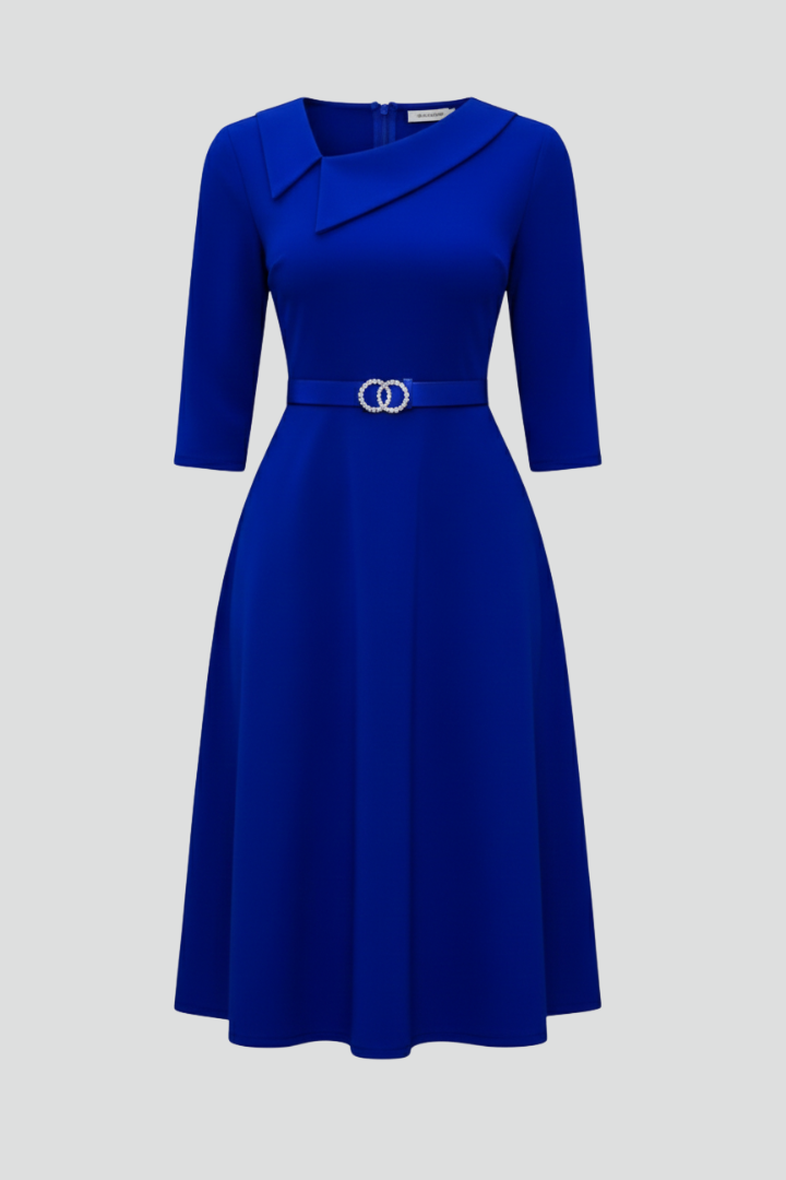 Evellara | Elegante midi-jurk voor dames – Asymmetrische halslijn met tailleband