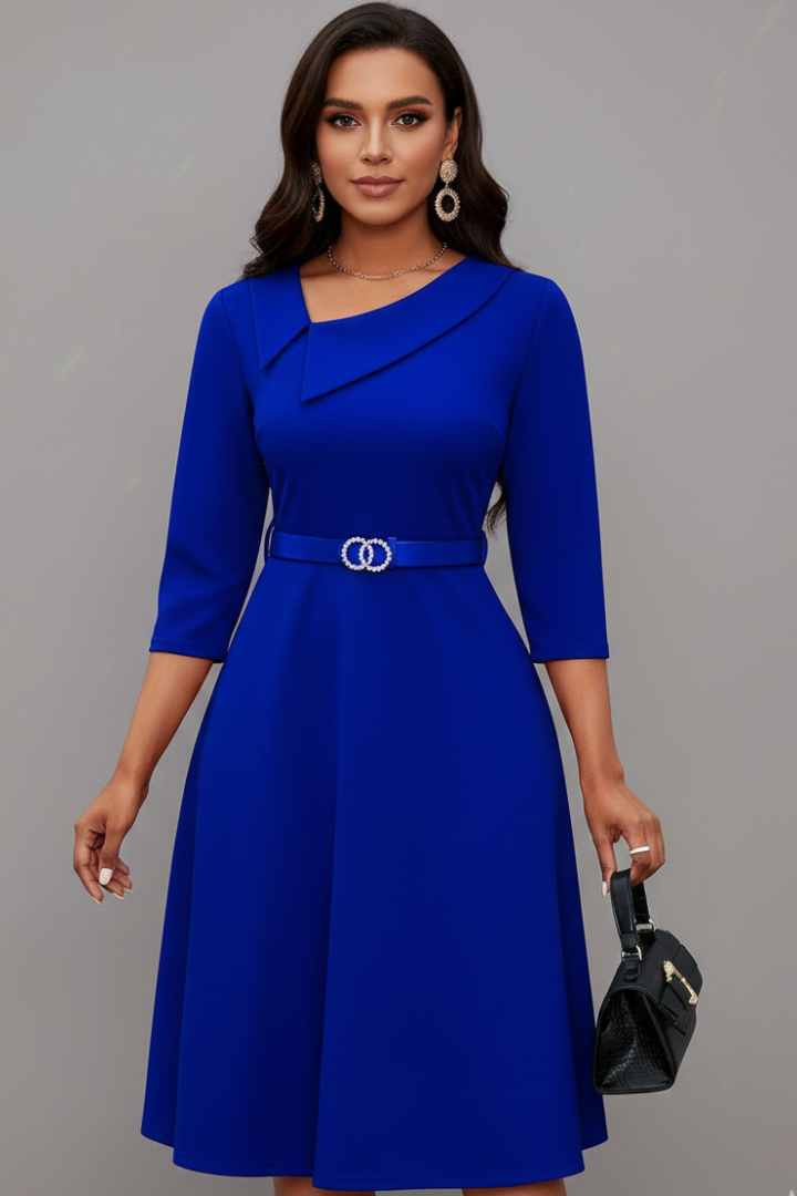 Evellara | Elegante midi-jurk voor dames – Asymmetrische halslijn met tailleband