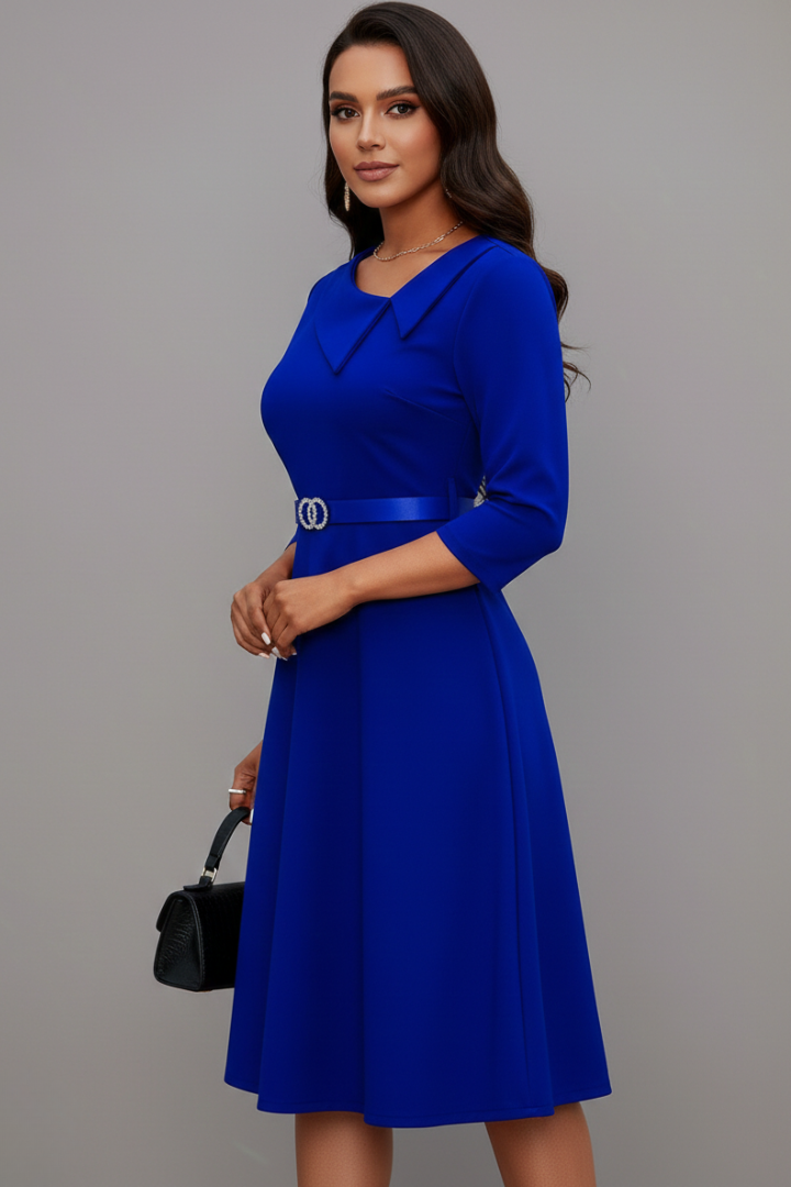 Evellara | Elegante midi-jurk voor dames – Asymmetrische halslijn met tailleband