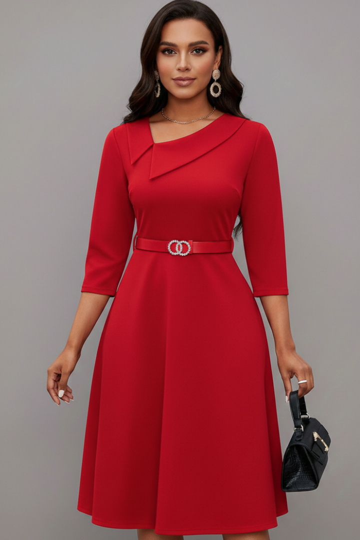 Evellara | Elegante midi-jurk voor dames – Asymmetrische halslijn met tailleband