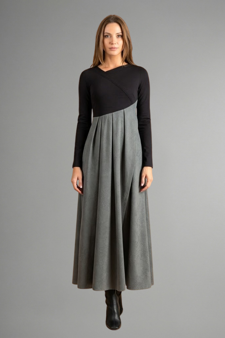 Virellia | Tweekleurige midijurk voor dames – lange mouwen