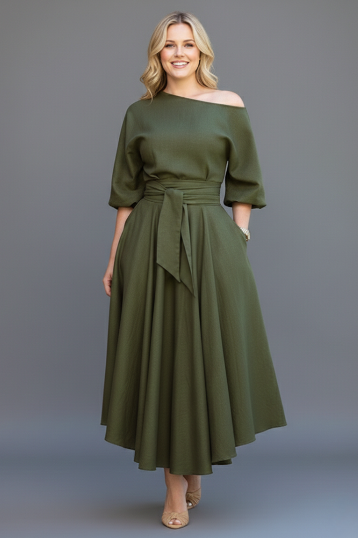 Cresselia | Midi-jurk voor dames – Romantisch ontwerp met blote schouders en lantaarnmouwen