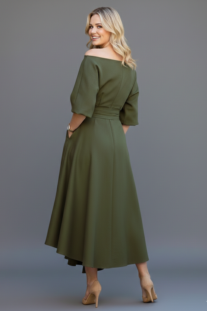 Cresselia | Midi-jurk voor dames – Romantisch ontwerp met blote schouders en lantaarnmouwen