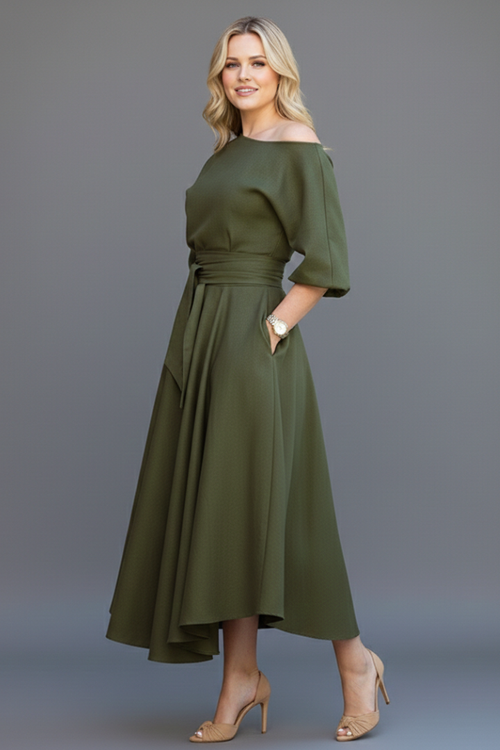 Cresselia | Midi-jurk voor dames – Romantisch ontwerp met blote schouders en lantaarnmouwen