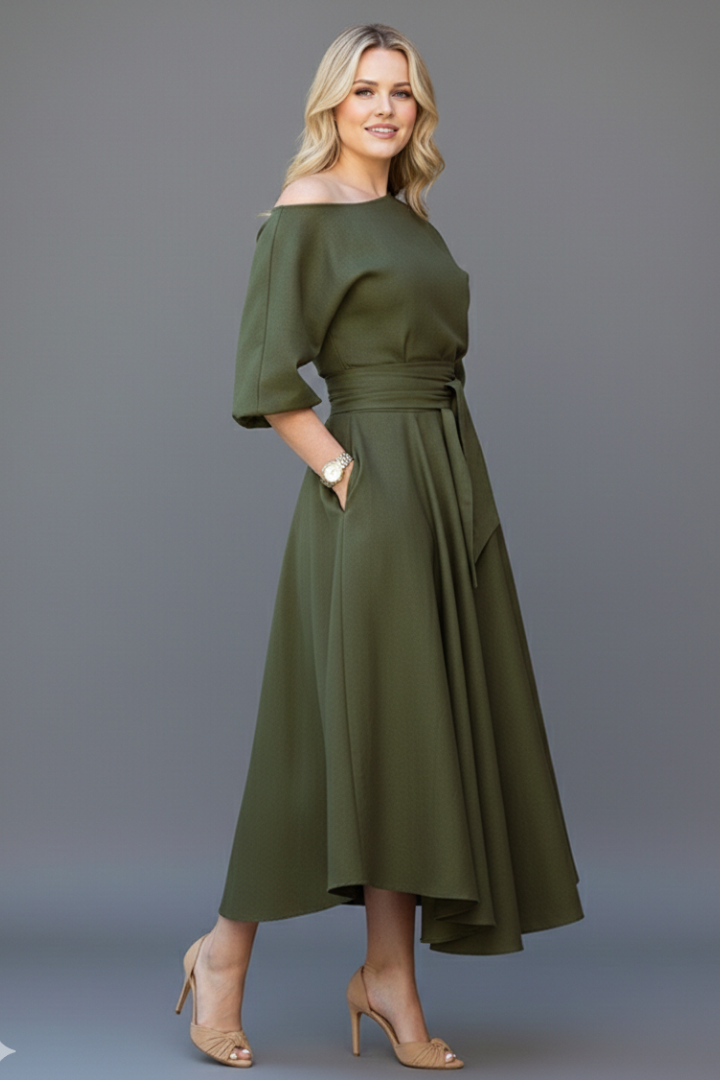 Cresselia | Midi-jurk voor dames – Romantisch ontwerp met blote schouders en lantaarnmouwen