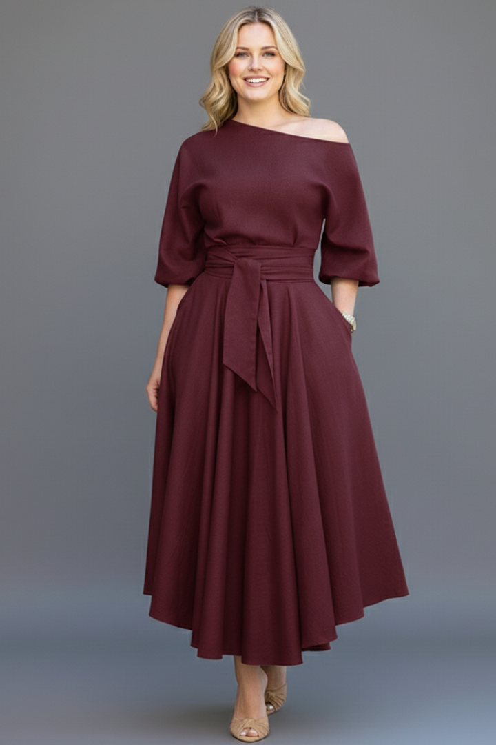 Cresselia | Midi-jurk voor dames – Romantisch ontwerp met blote schouders en lantaarnmouwen