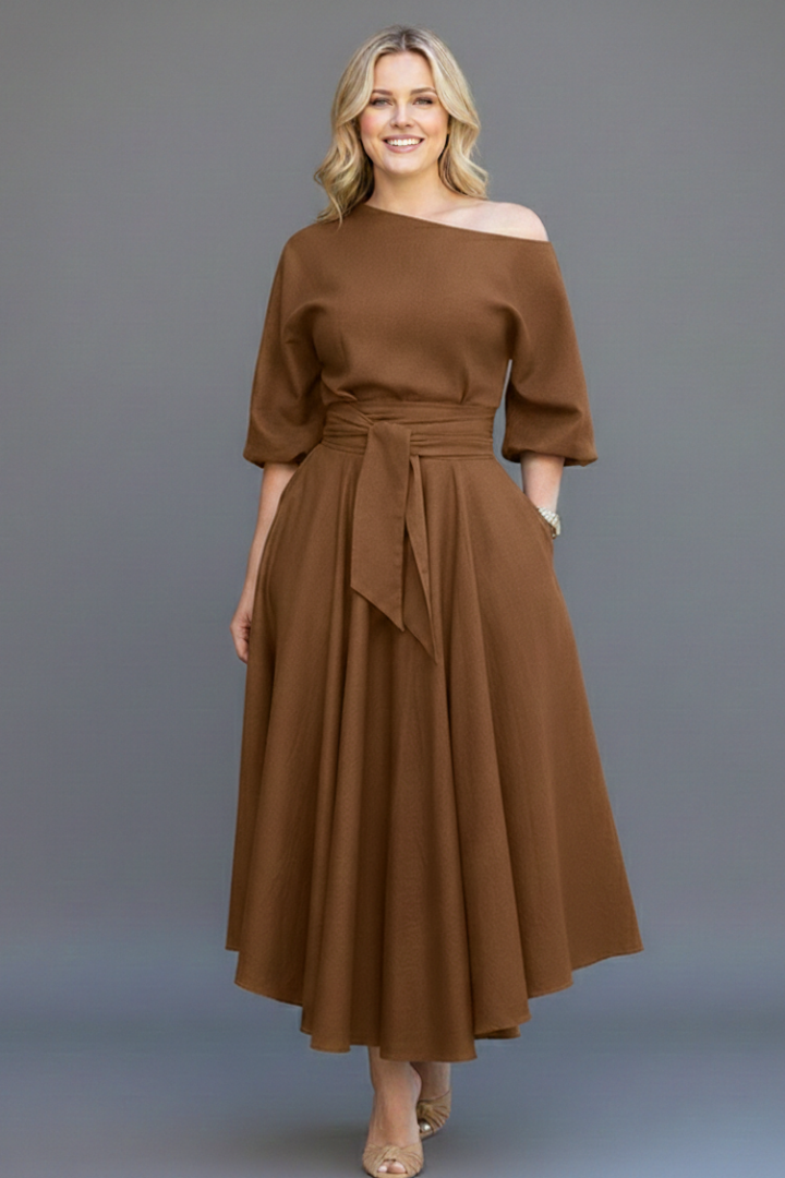 Cresselia | Midi-jurk voor dames – Romantisch ontwerp met blote schouders en lantaarnmouwen
