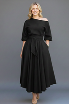 Cresselia | Midi-jurk voor dames – Romantisch ontwerp met blote schouders en lantaarnmouwen