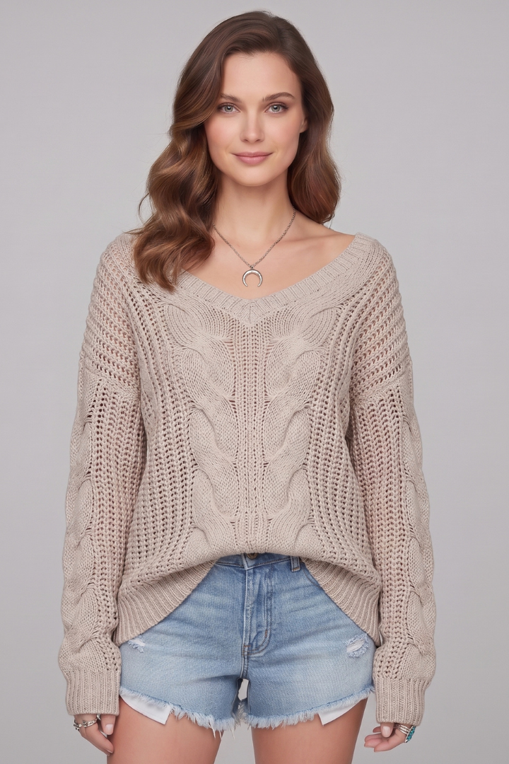 Solavelle | Oversized gebreide damestrui – ronde hals, lange mouwen