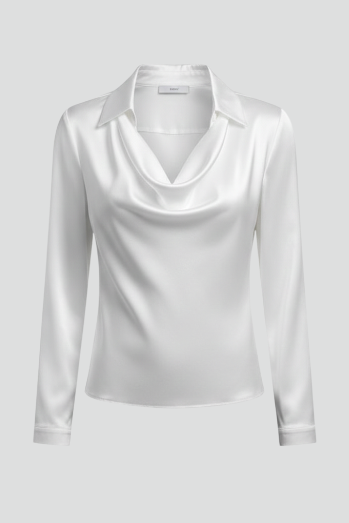Zayelle | Satijnen damesblouse – gedrapeerde halslijn, lange mouwen