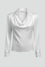 Zayelle | Satijnen damesblouse – gedrapeerde halslijn, lange mouwen