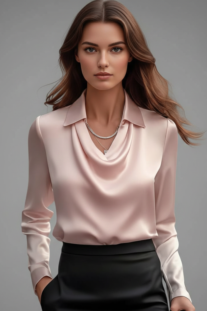 Zayelle | Satijnen damesblouse – gedrapeerde halslijn, lange mouwen