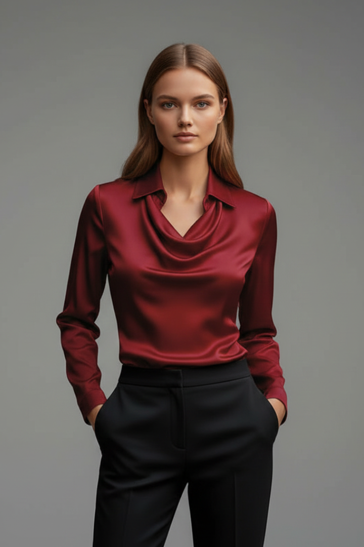 Zayelle | Satijnen damesblouse – gedrapeerde halslijn, lange mouwen