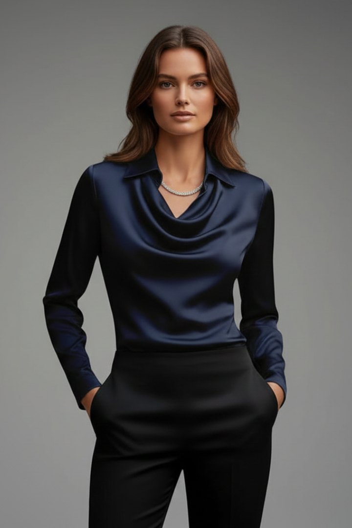 Zayelle | Satijnen damesblouse – gedrapeerde halslijn, lange mouwen