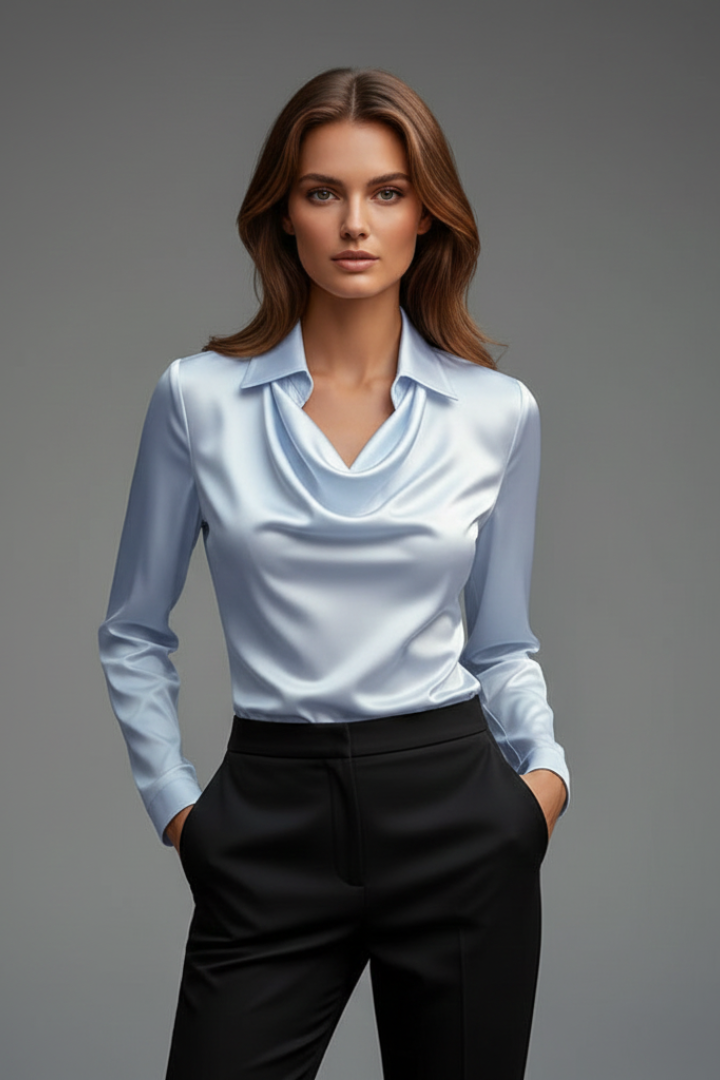 Zayelle | Satijnen damesblouse – gedrapeerde halslijn, lange mouwen