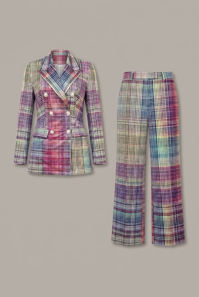 Miralune | 2-delige damespakset – Double-breasted blazer, reverskraag & broek met wijde pijpen