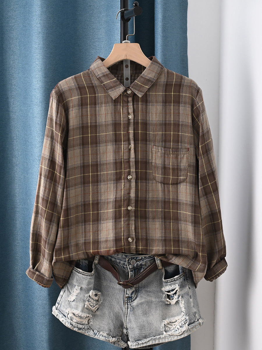 Tyrella | Dames geruite blouse met lange mouwen, katoenen knooptop, casual voor werk