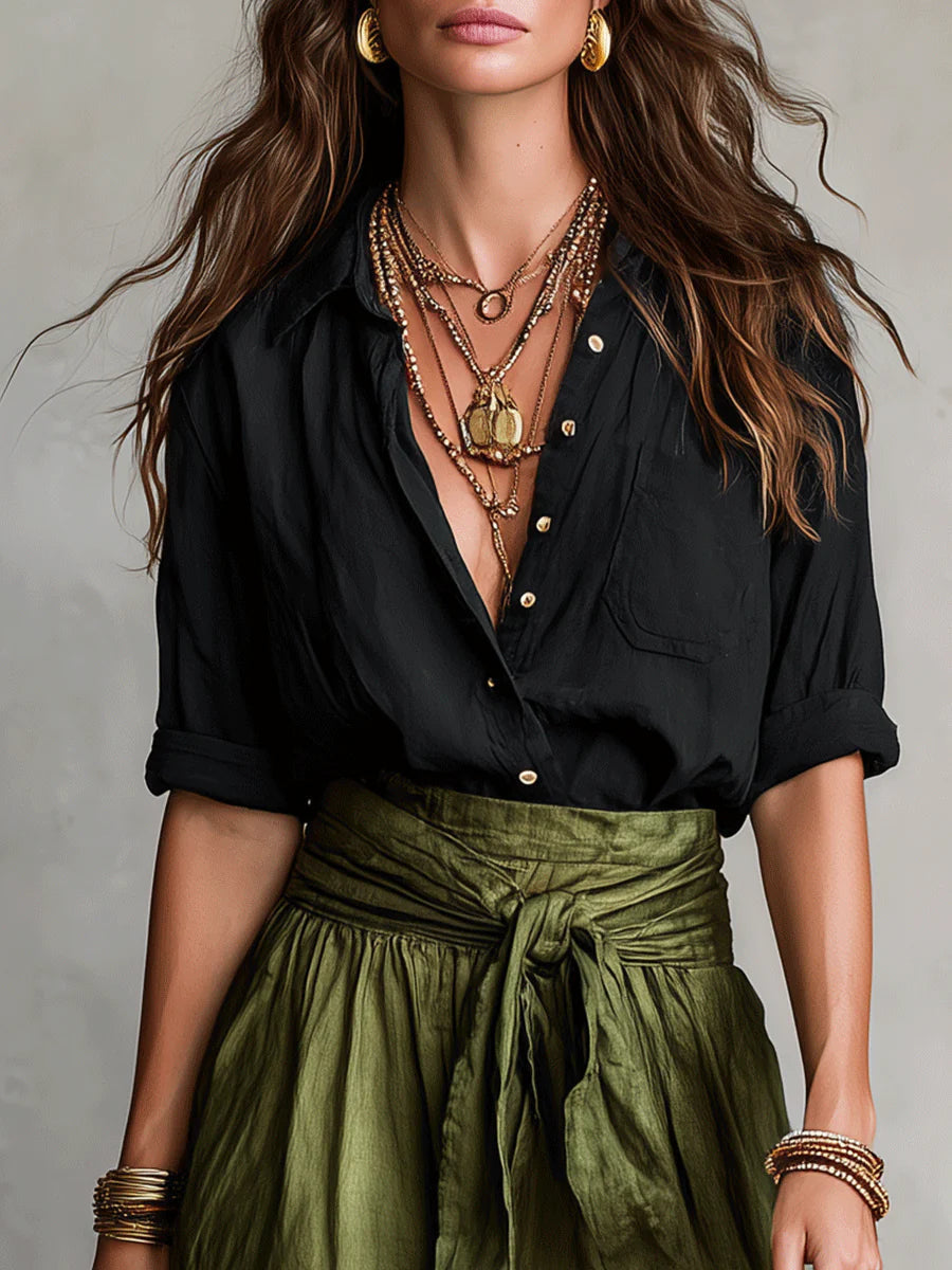 Sira | Linnen set voor dames – Elegante 2-delige zomeroutfit met rok en blouse en hoge taille