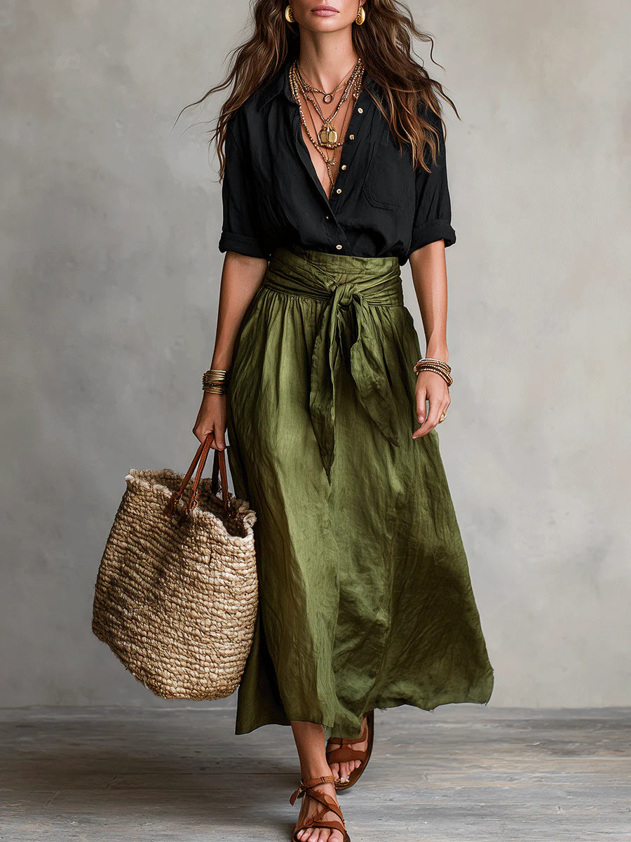 Sira | Linnen set voor dames – Elegante 2-delige zomeroutfit met rok en blouse en hoge taille