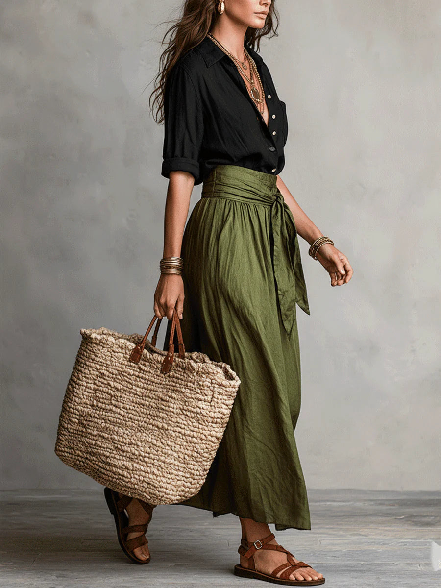 Sira | Linnen set voor dames – Elegante 2-delige zomeroutfit met rok en blouse en hoge taille