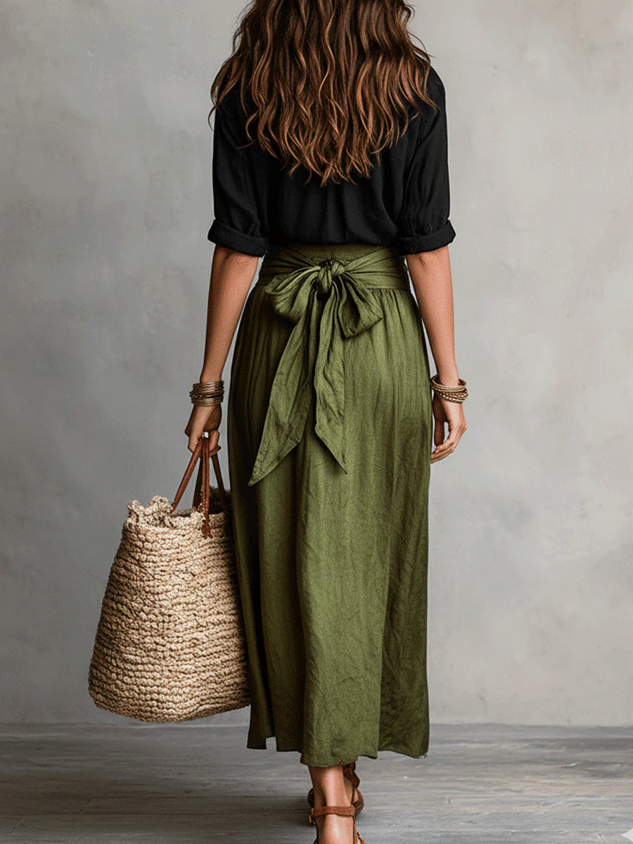 Sira | Linnen set voor dames – Elegante 2-delige zomeroutfit met rok en blouse en hoge taille