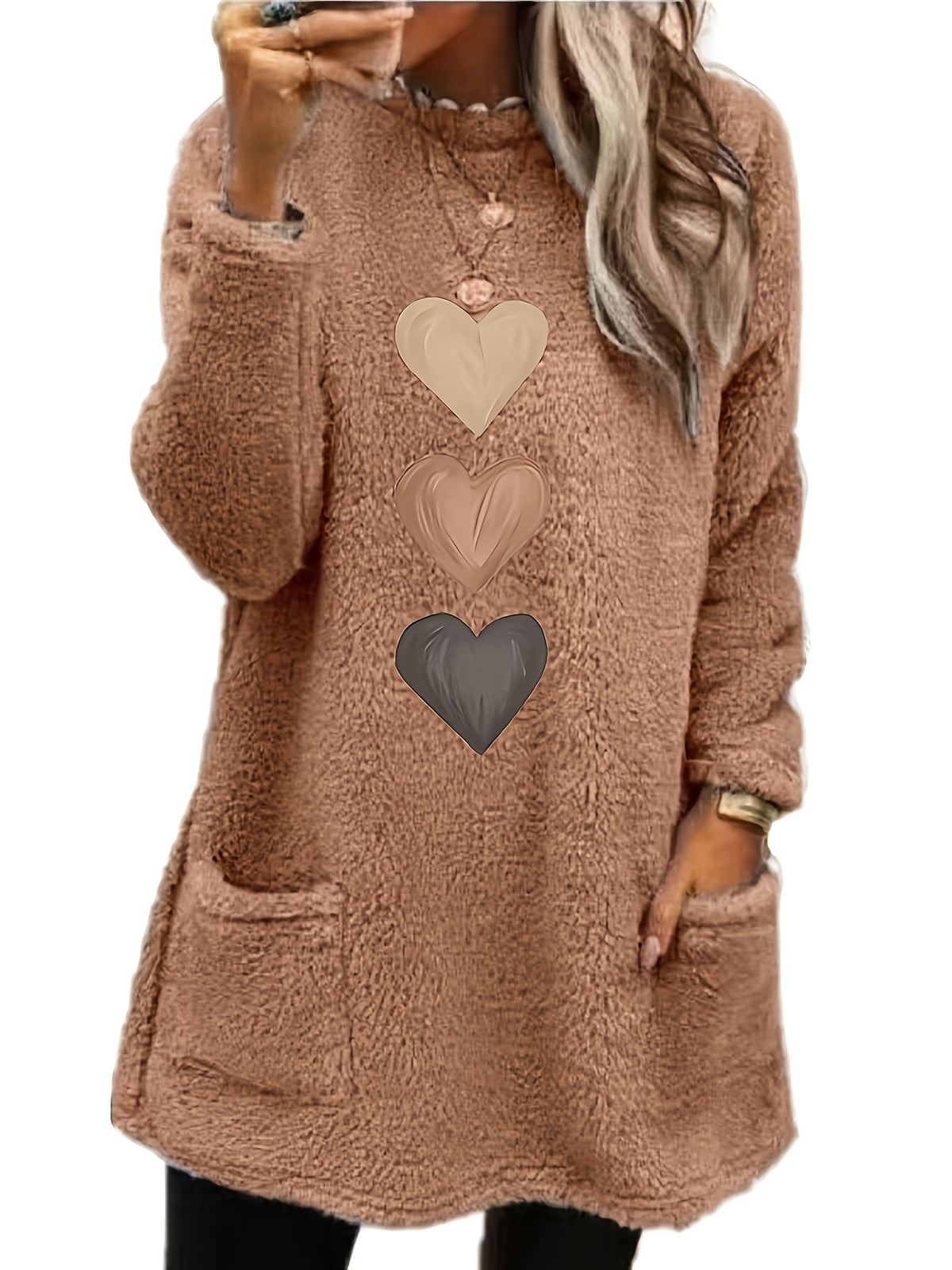Marleen | Dames-sweatshirt met fleecevoering en hartjesprint – Casual trui met lange mouwen