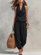 Jynna | Casual 2-delige set voor dames – Set met broek en haltertop in linnenlook