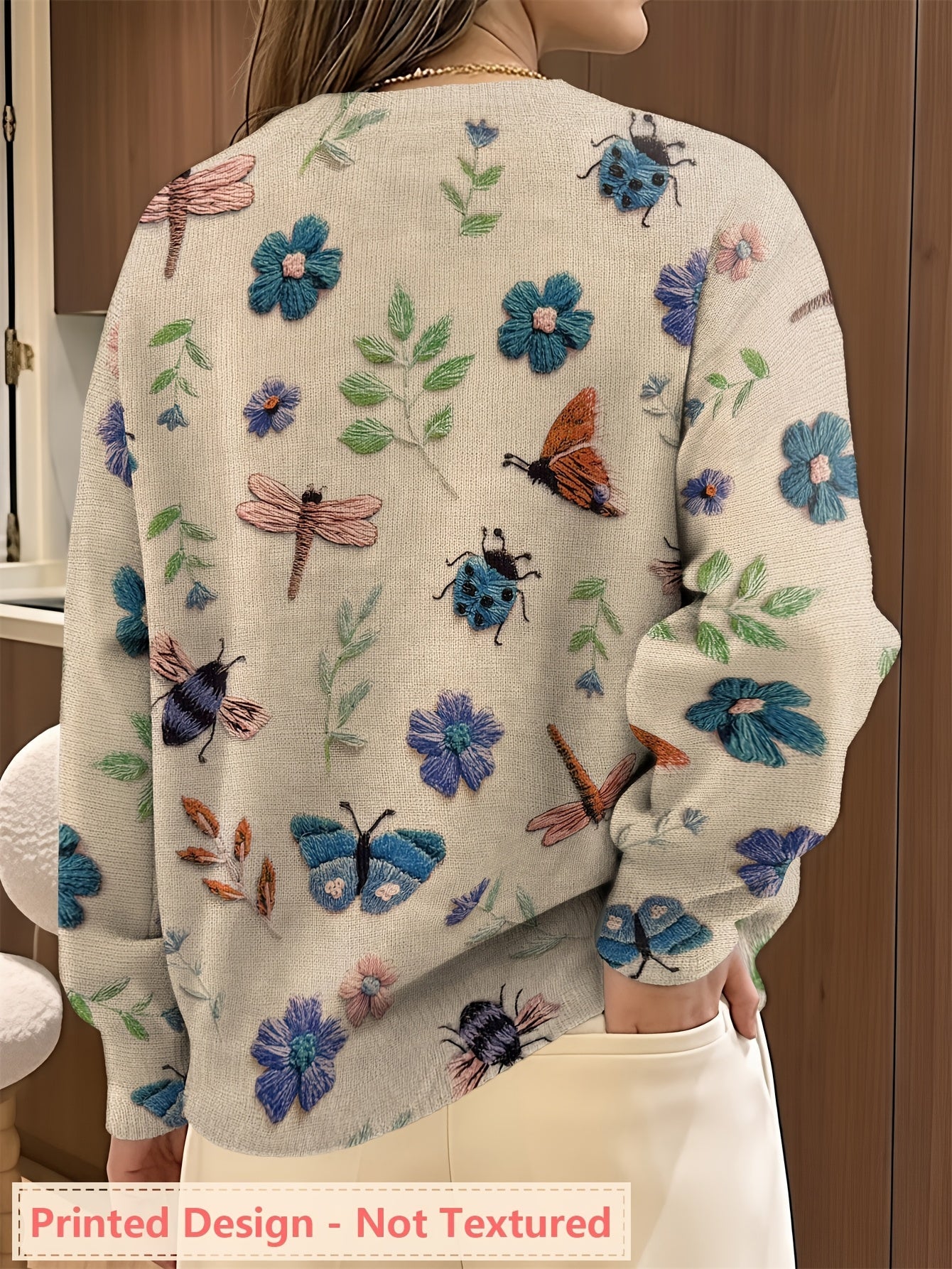 Myvella | Dames Trui met Lange Mouwen, Bloemen- en Insectenprint, Lente Casual Top
