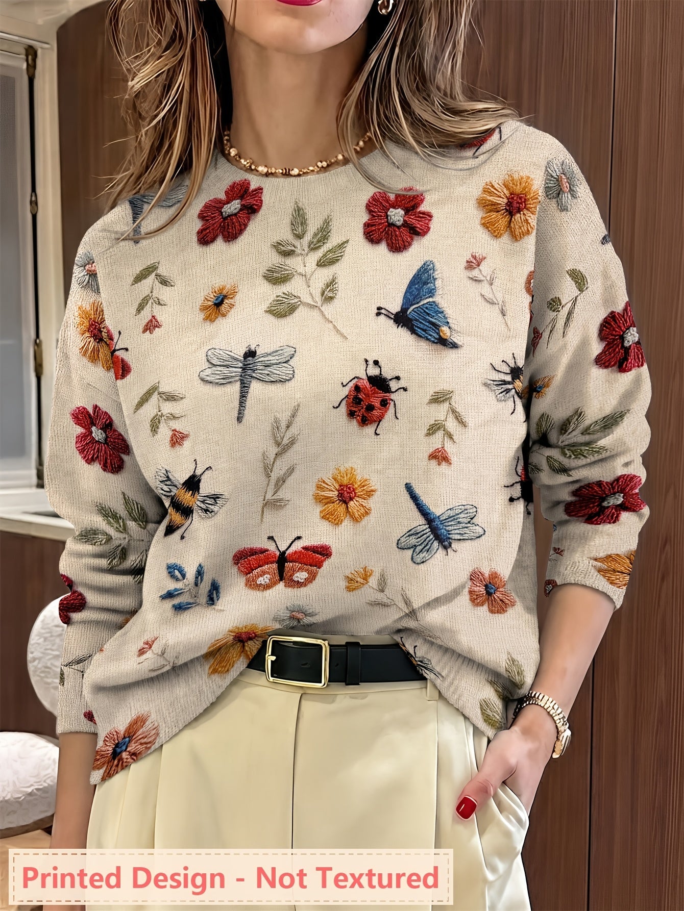 Myvella | Dames Trui met Lange Mouwen, Bloemen- en Insectenprint, Lente Casual Top