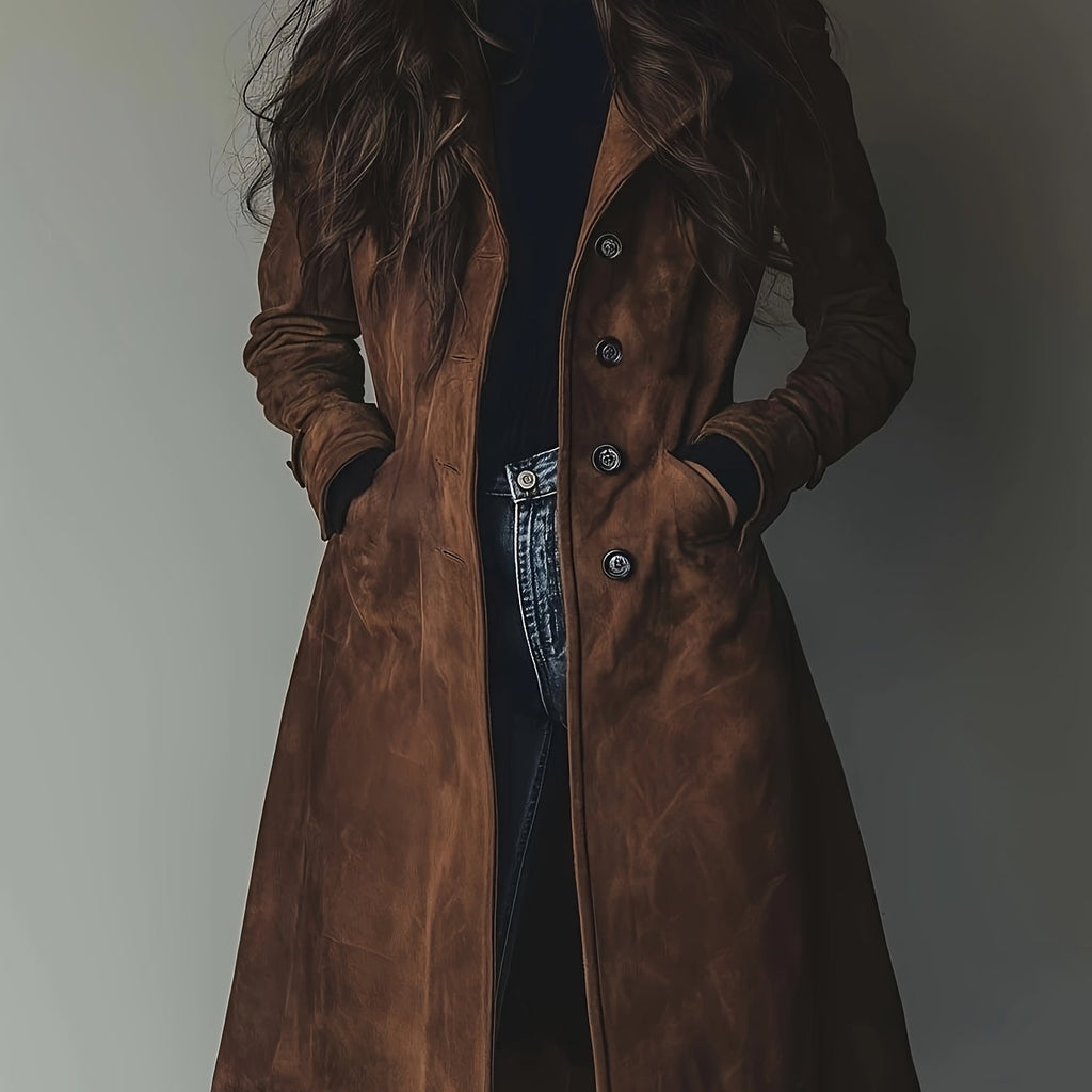 Bie | Vintage Suède Trenchcoat Dames – Single-Breasted Jas met Knoopsluiting
