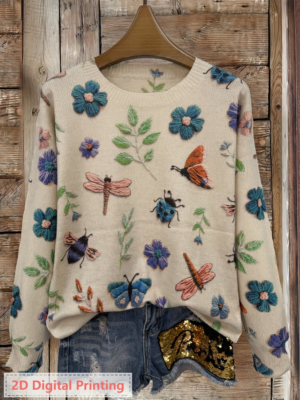 Myvella | Dames Trui met Lange Mouwen, Bloemen- en Insectenprint, Lente Casual Top