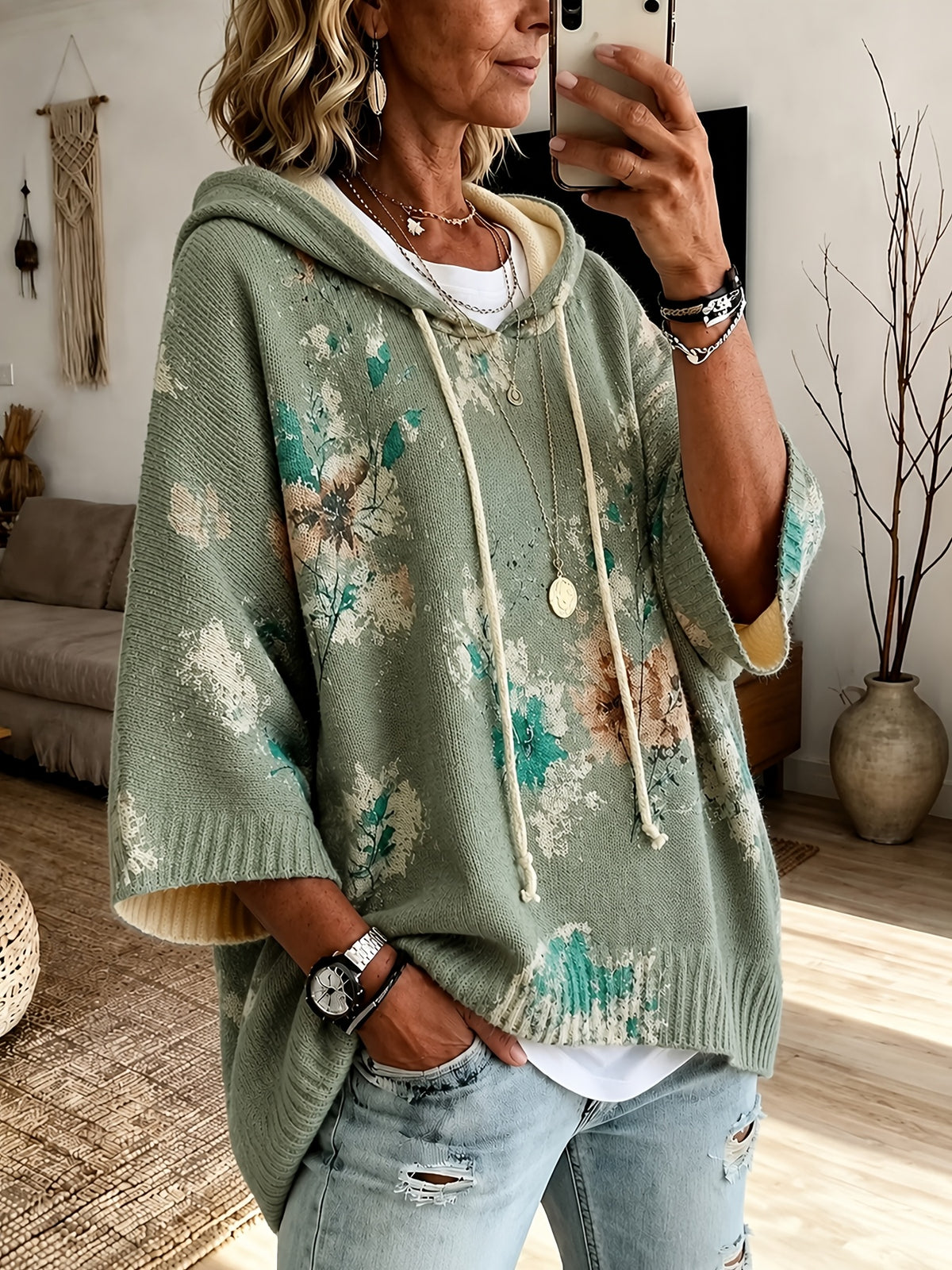 Phaedra | Dames Gebloemde Capuchonponcho