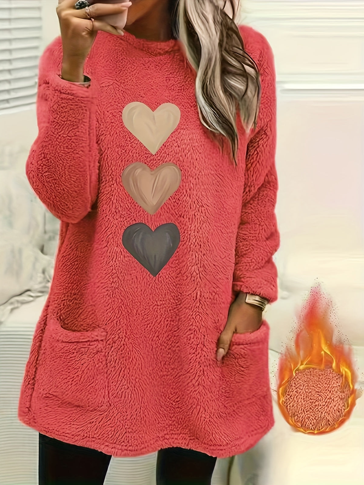 Marleen | Dames-sweatshirt met fleecevoering en hartjesprint – Casual trui met lange mouwen