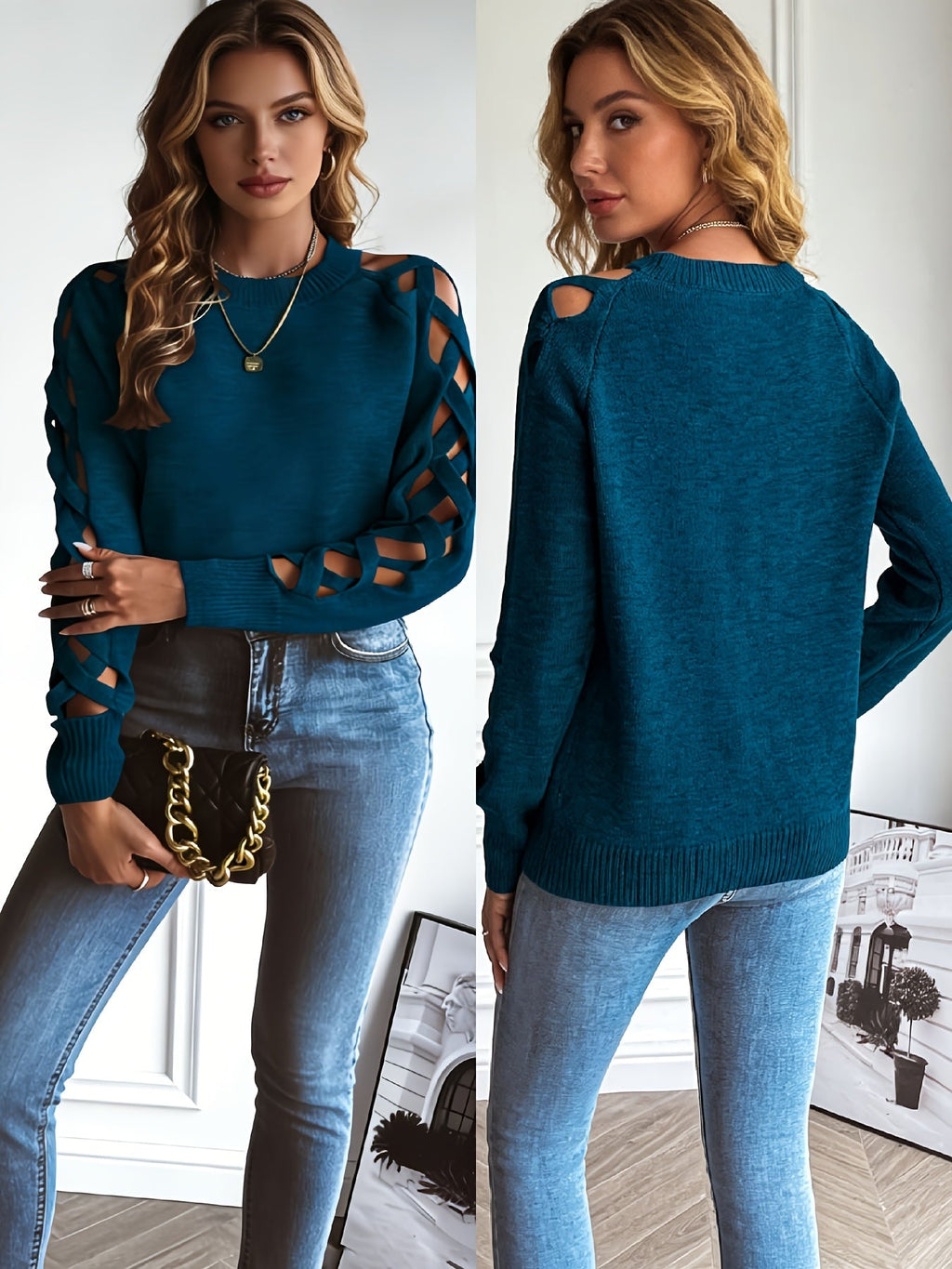 Zevessa | Lichte effen damestrui – gebreide pullover met opengewerkte mouwen