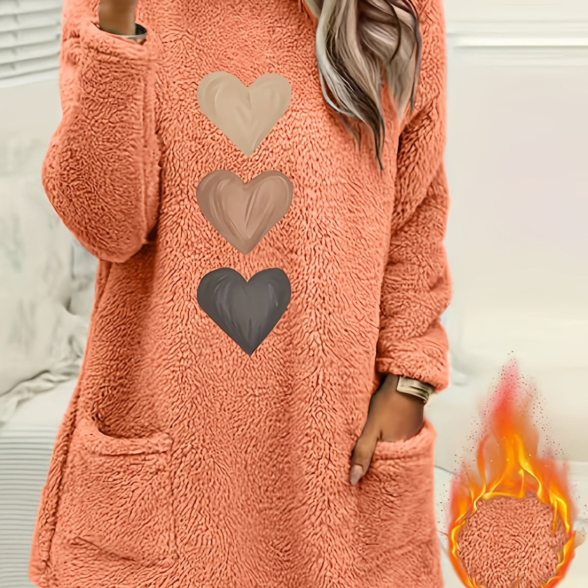 Marleen | Dames-sweatshirt met fleecevoering en hartjesprint – Casual trui met lange mouwen