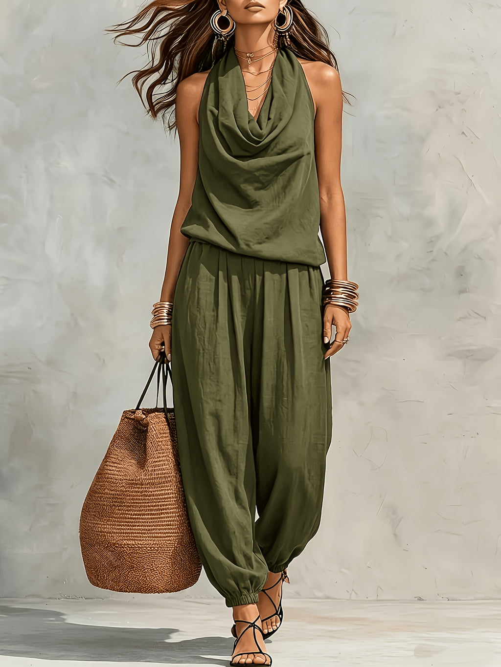 Jynna | Casual 2-delige set voor dames – Set met broek en haltertop in linnenlook