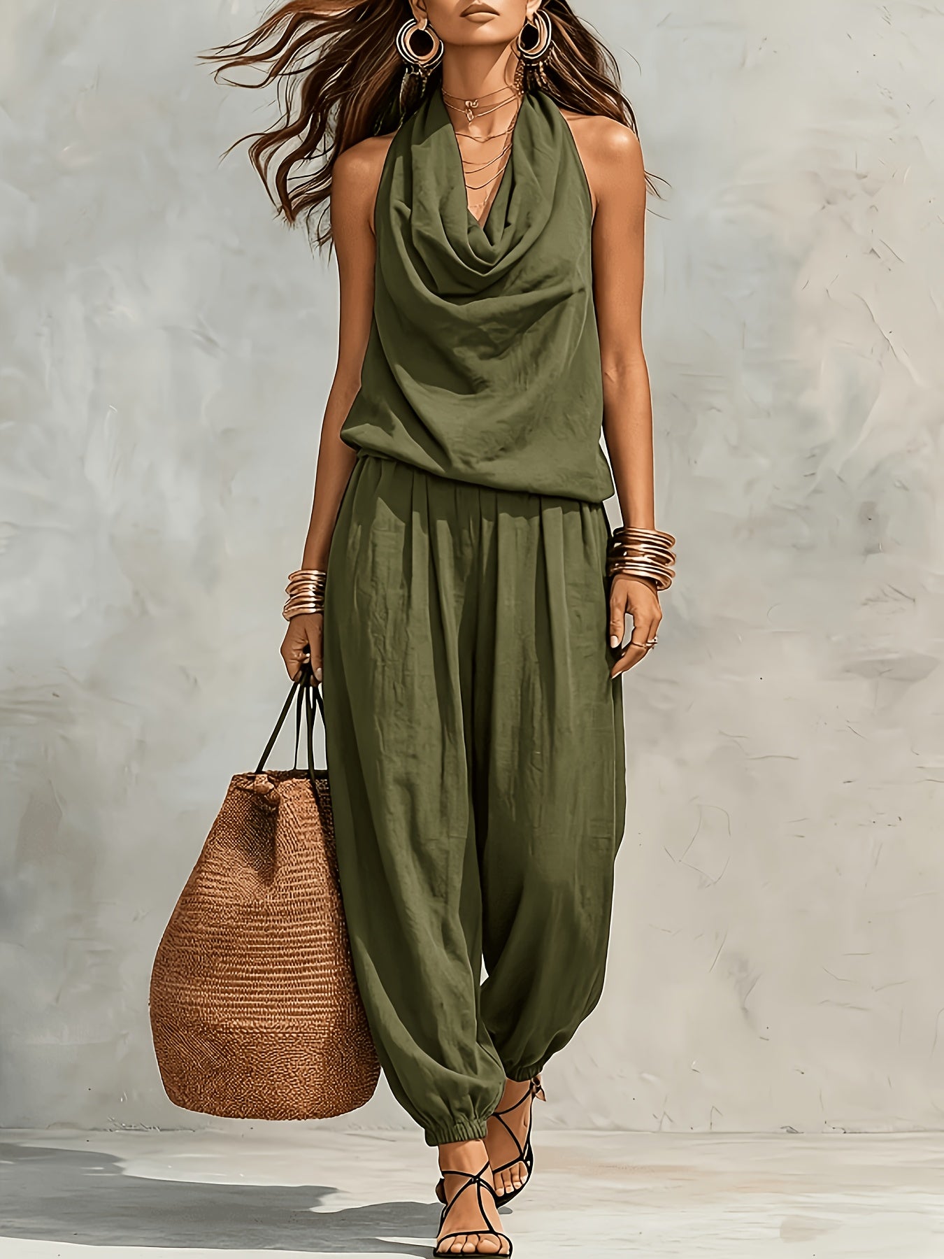 Jynna | Casual 2-delige set voor dames – Set met broek en haltertop in linnenlook