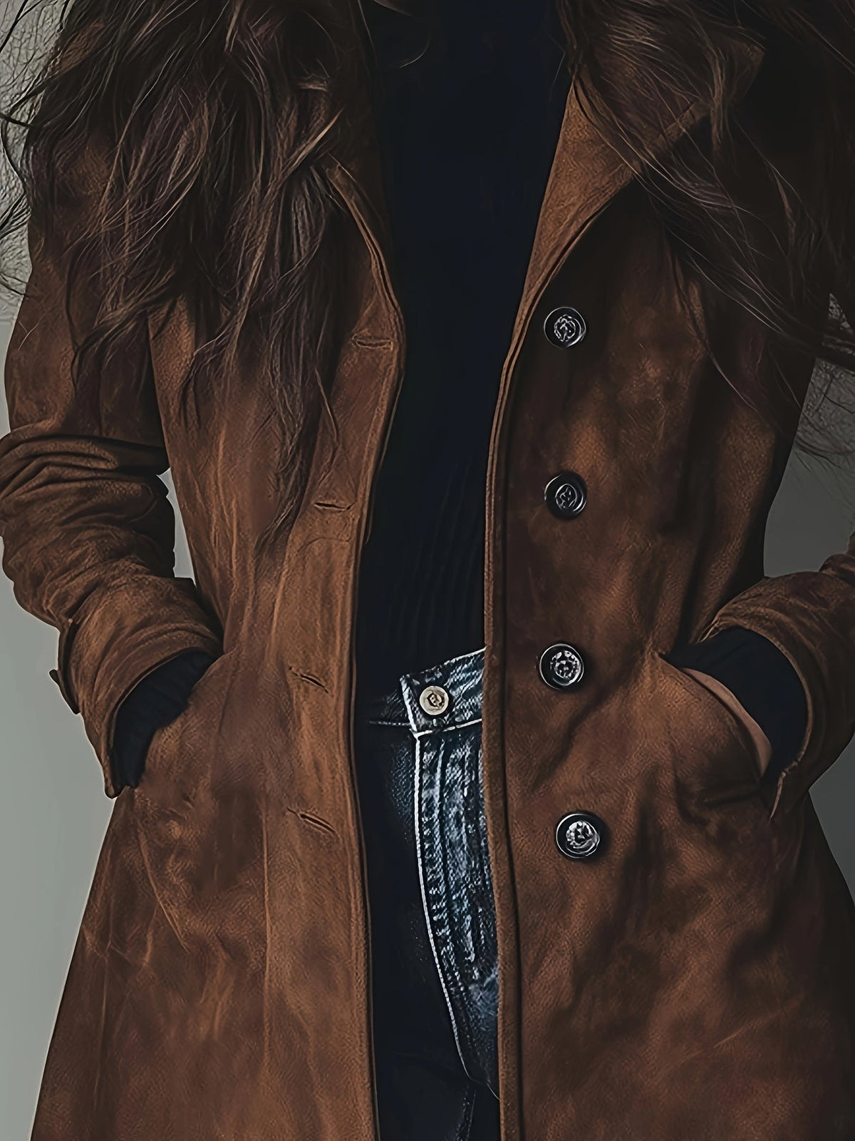 Bie | Vintage Suède Trenchcoat Dames – Single-Breasted Jas met Knoopsluiting