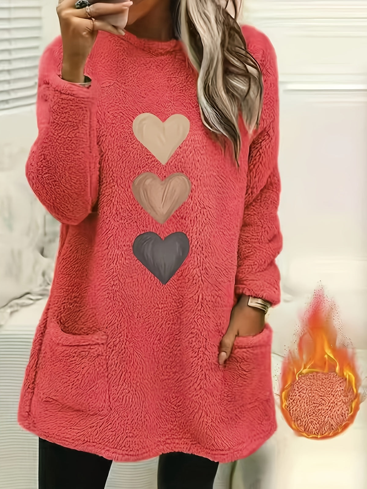 Marleen | Dames-sweatshirt met fleecevoering en hartjesprint – Casual trui met lange mouwen