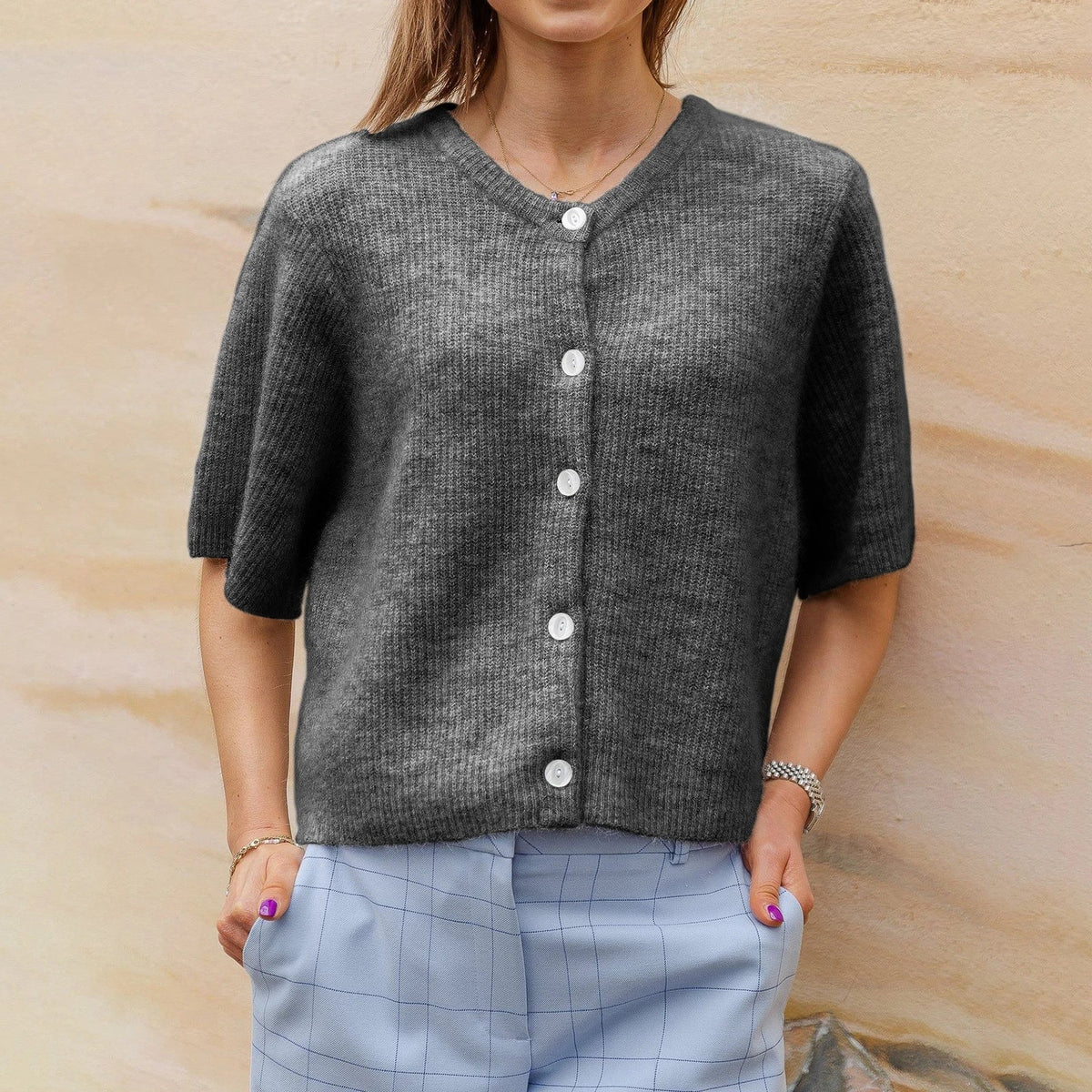 Roelina | Gebreid Vest Dames met Korte Mouwen – Lichtgewicht Cardigan
