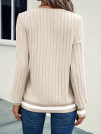 Belinda | Dames Rib T-shirt met V-hals en Kleurblokken, Lange Mouwen